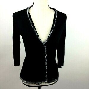NY&Co Cardigan Sweater Women Sz Small Black Fitted 3/4 Sleeve Sheer Ruffle Trim